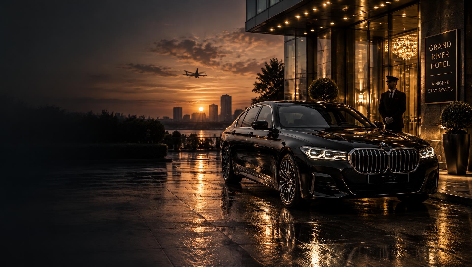Black BMW 7 Series with chauffeur at dusk
